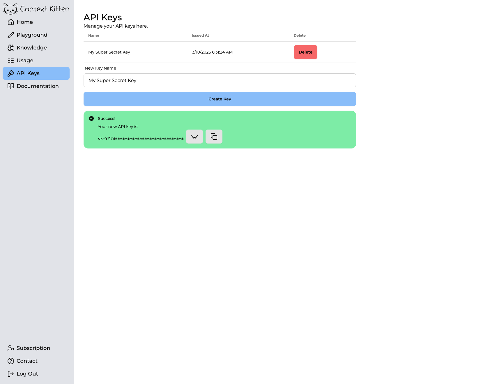 API Keys Management Interface