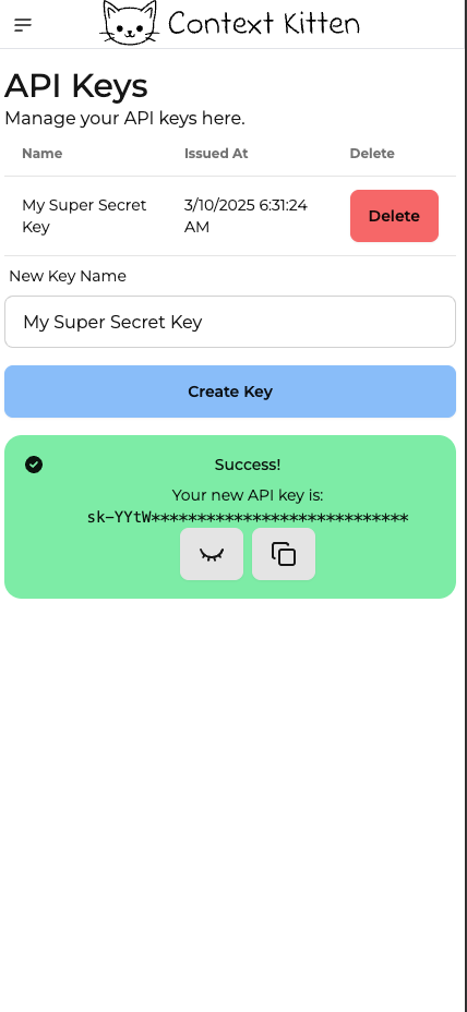 Mobile API Keys Management Interface